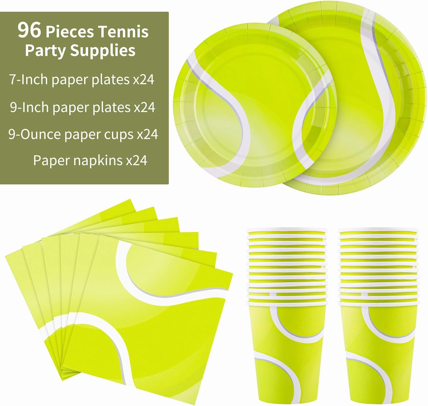 durony 96 Pieces Tennis Party Supplies Tableware Set Include Tennis Paper Plates Napkins and Cups Tennis Dessert Plates for Tennis Sports Party Decorations, Serve 24 Guests