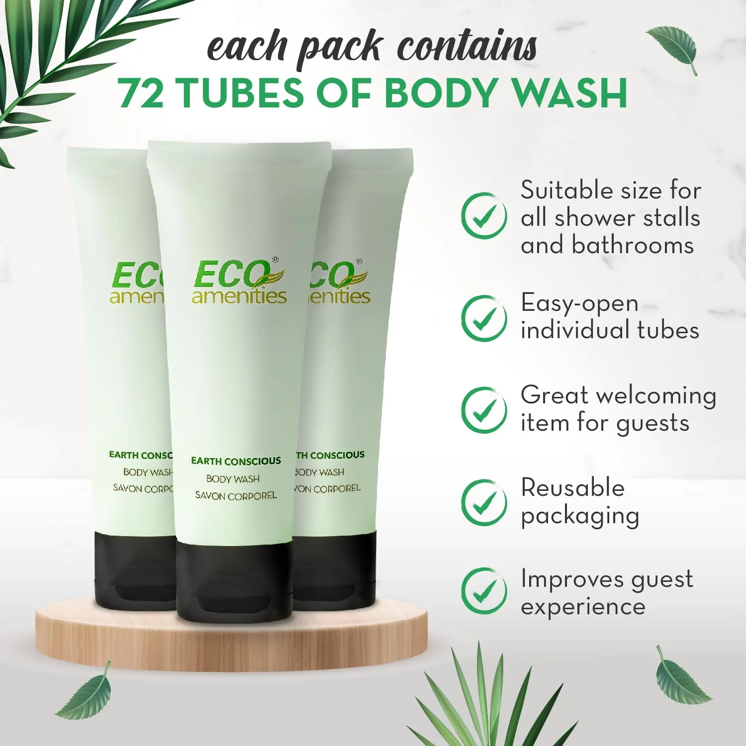 ECO amenities Travel Size Body Wash Bulk - Hotel Supplies for Guests - Great for Vacation Rental and Airbnb Toiletries - Body Wash for Men & Women - Green Tea Scent - 72 pack, 1.0 fl oz (30ml) Tubes