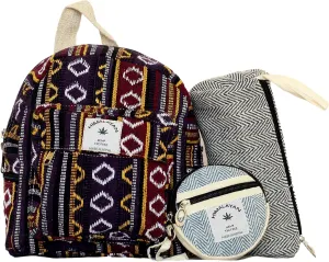 Eco Friendly Set Of Mini Backpack   Pen case   Coin Purse Hemp University Light Weight Backpack For Girl (Purple)