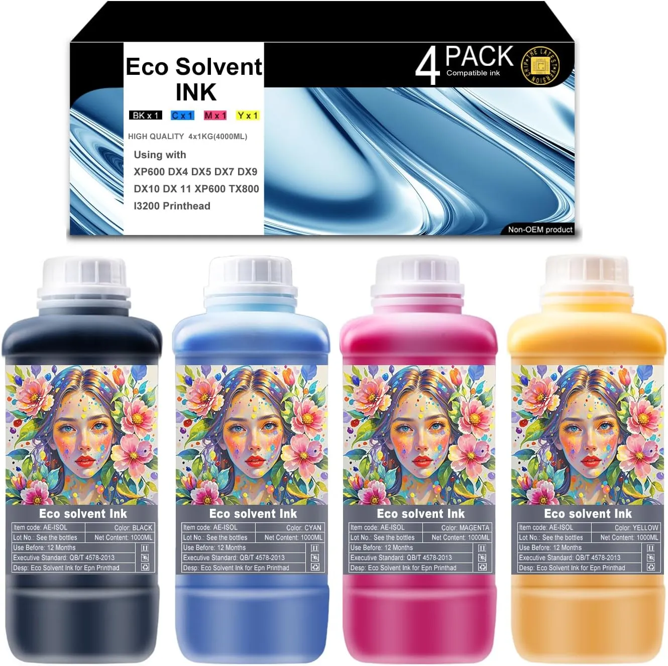 Eco Solvent Ink for Wide Format, Grand Format Printers with DX4 DX5 DX7 DX9 DX10 DX 11 XP600 TX800 I3200 (CMYK 1 Set /1000ml) Printhead Mimaki/Roland/Mutoh NOT Work with Desktop Printers