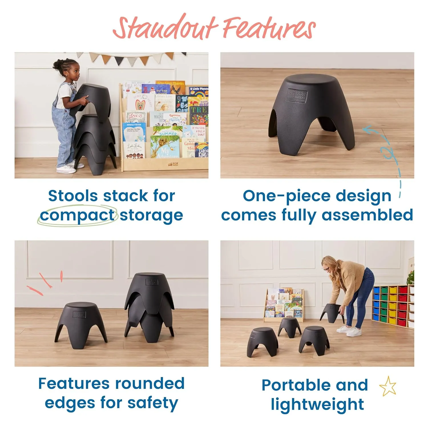 ECR4Kids Ayana Stool Set, Flexible Seating, Black, 4-Pack