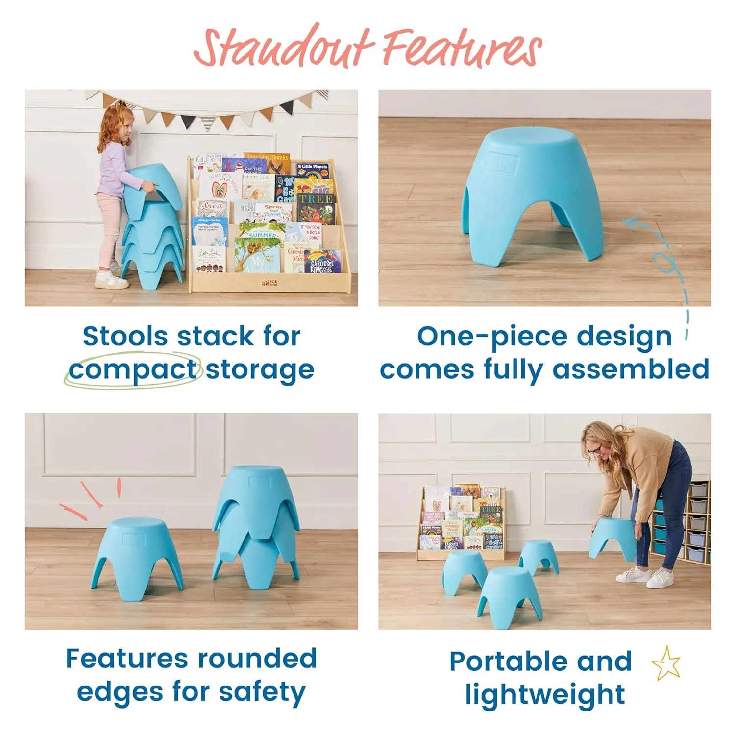 ECR4Kids Ayana Stool Set, Flexible Seating, Cyan, 4-Pack
