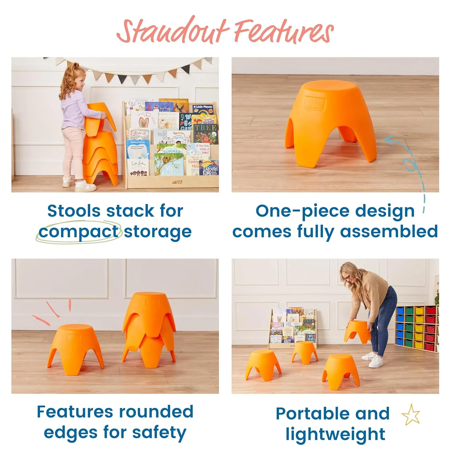 ECR4Kids Ayana Stool Set, Flexible Seating, Orange, 4-Pack