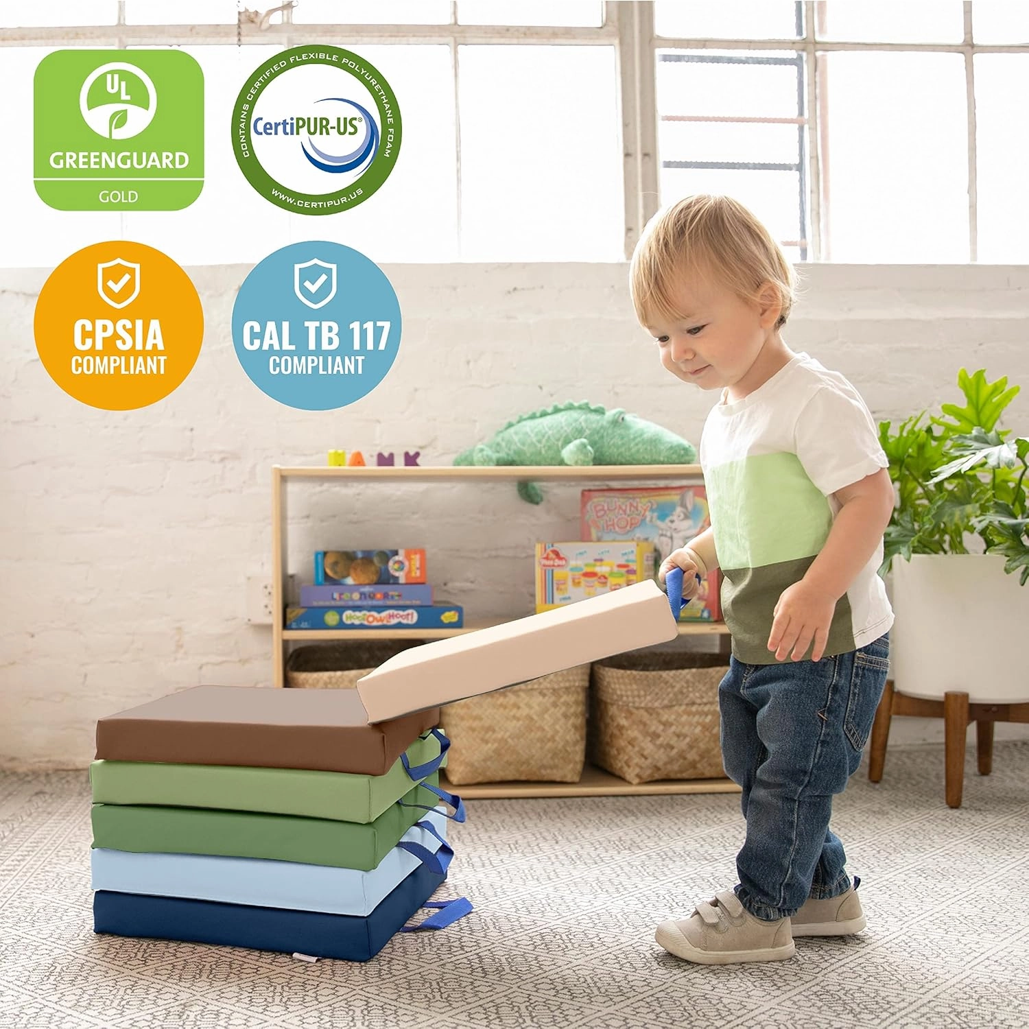 ECR4Kids SoftZone Floor Cushions, Square, Flexible Seating, Earthtone, 6-Piece