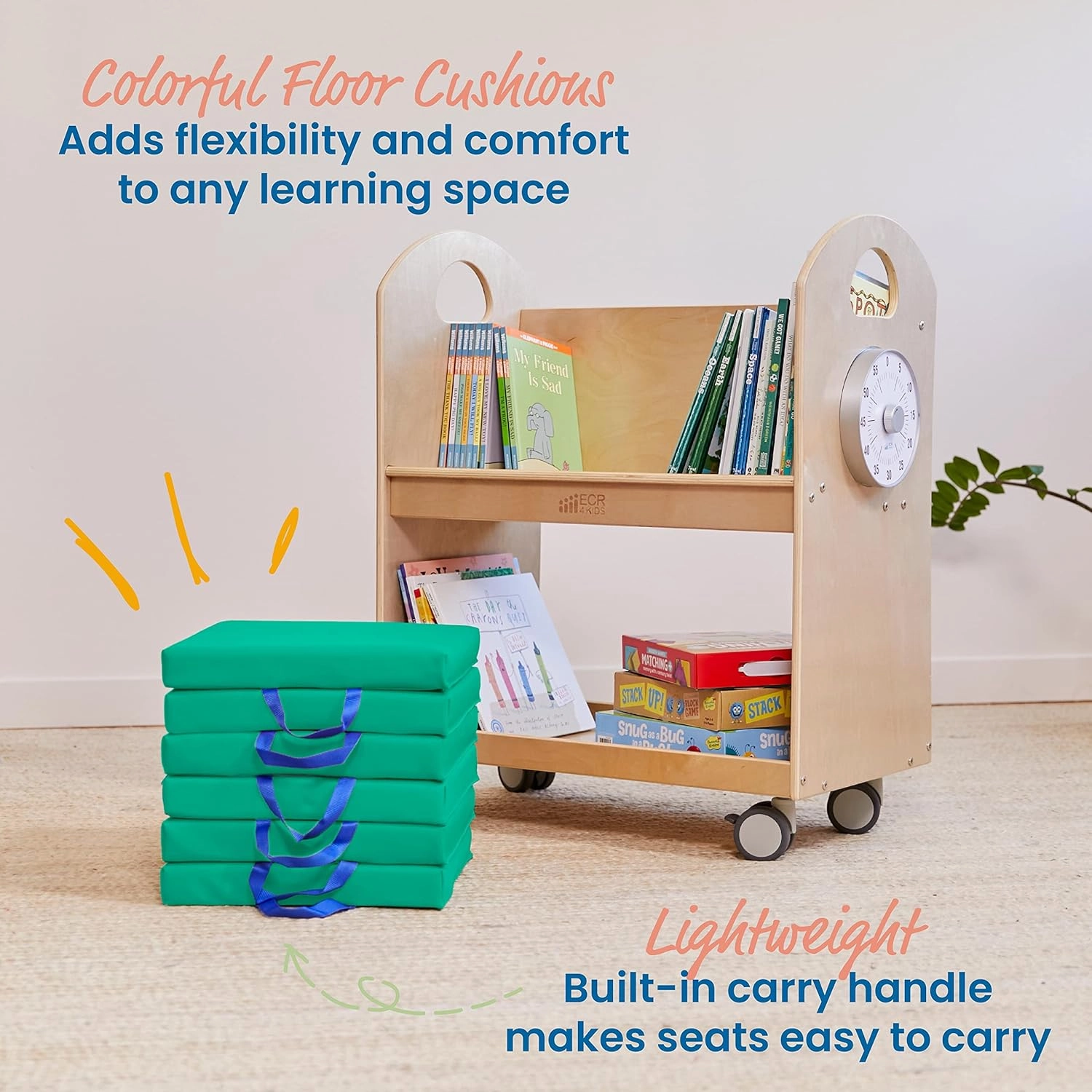 ECR4Kids SoftZone Floor Cushions, Square, Flexible Seating, Emerald, 6-Piece