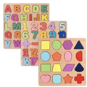 Educational Wooden Toys for Kids, Alphabet & Shape Sorting Puzzle, Colorful Stacking Cubes with Letters & Numbers (alphabet, numbers and shape pluzzles)