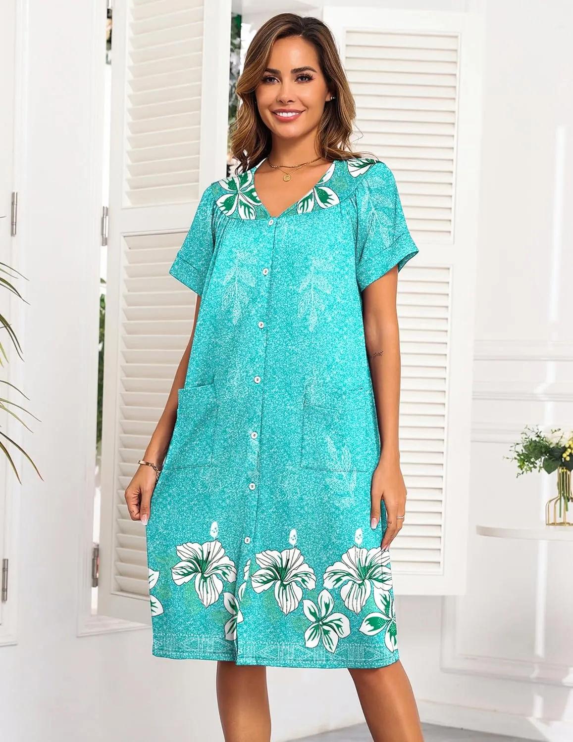 Ekouaer House Dresses for Women with Pockets Button Down Nightgowns Plus Size Moo Moos Mumu Dresses Floral Print S-3XL