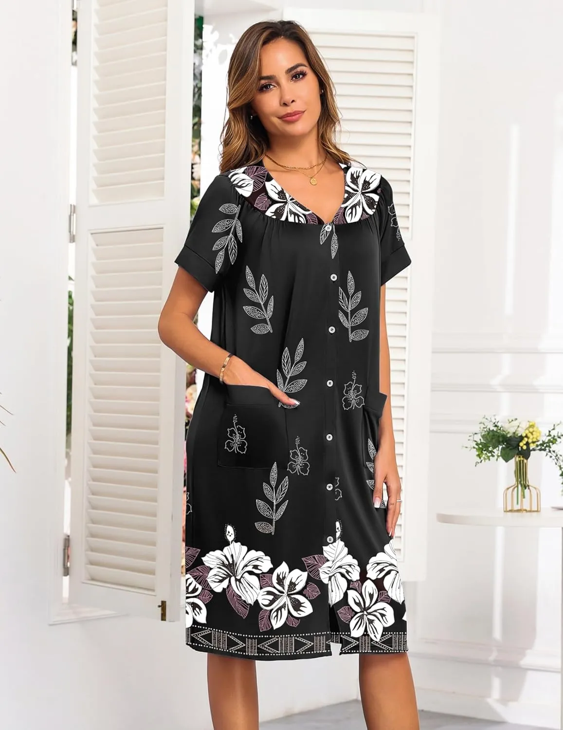 Ekouaer House Dresses for Women with Pockets Button Down Nightgowns Plus Size Moo Moos Mumu Dresses Floral Print S-3XL