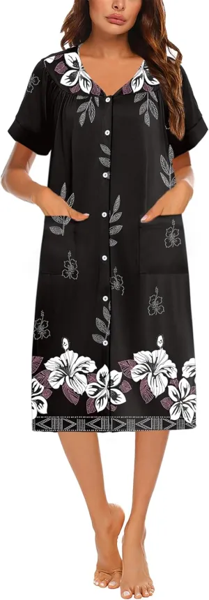 Ekouaer House Dresses for Women with Pockets Button Down Nightgowns Plus Size Moo Moos Mumu Dresses Floral Print S-3XL