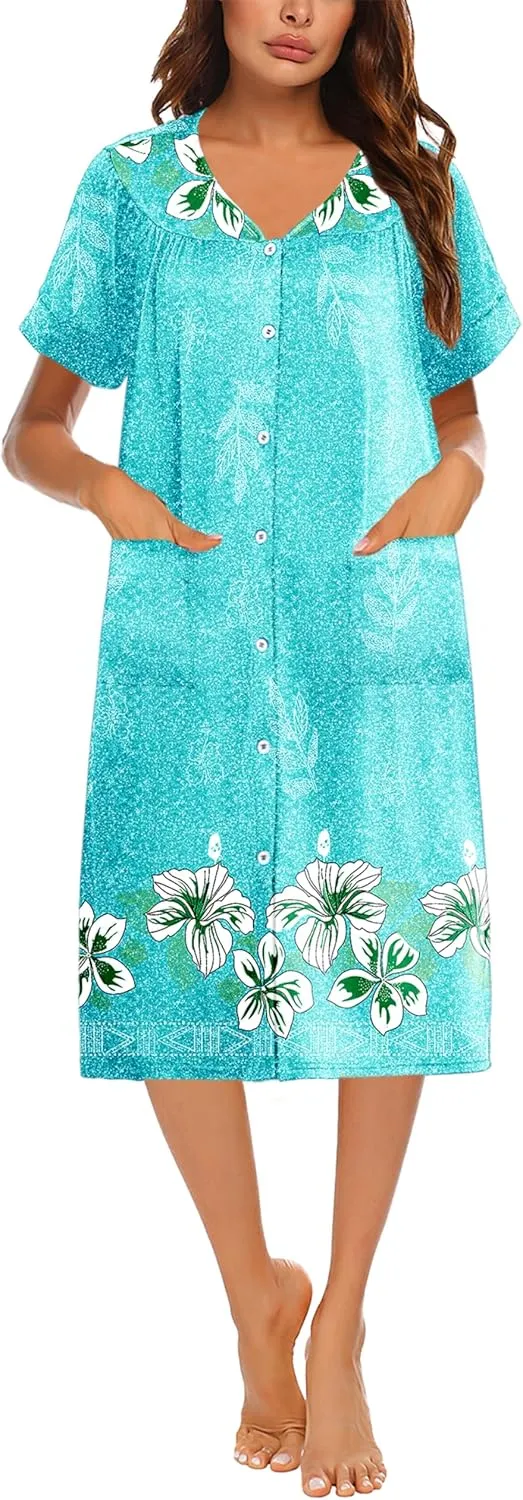 Ekouaer House Dresses for Women with Pockets Button Down Nightgowns Plus Size Moo Moos Mumu Dresses Floral Print S-3XL