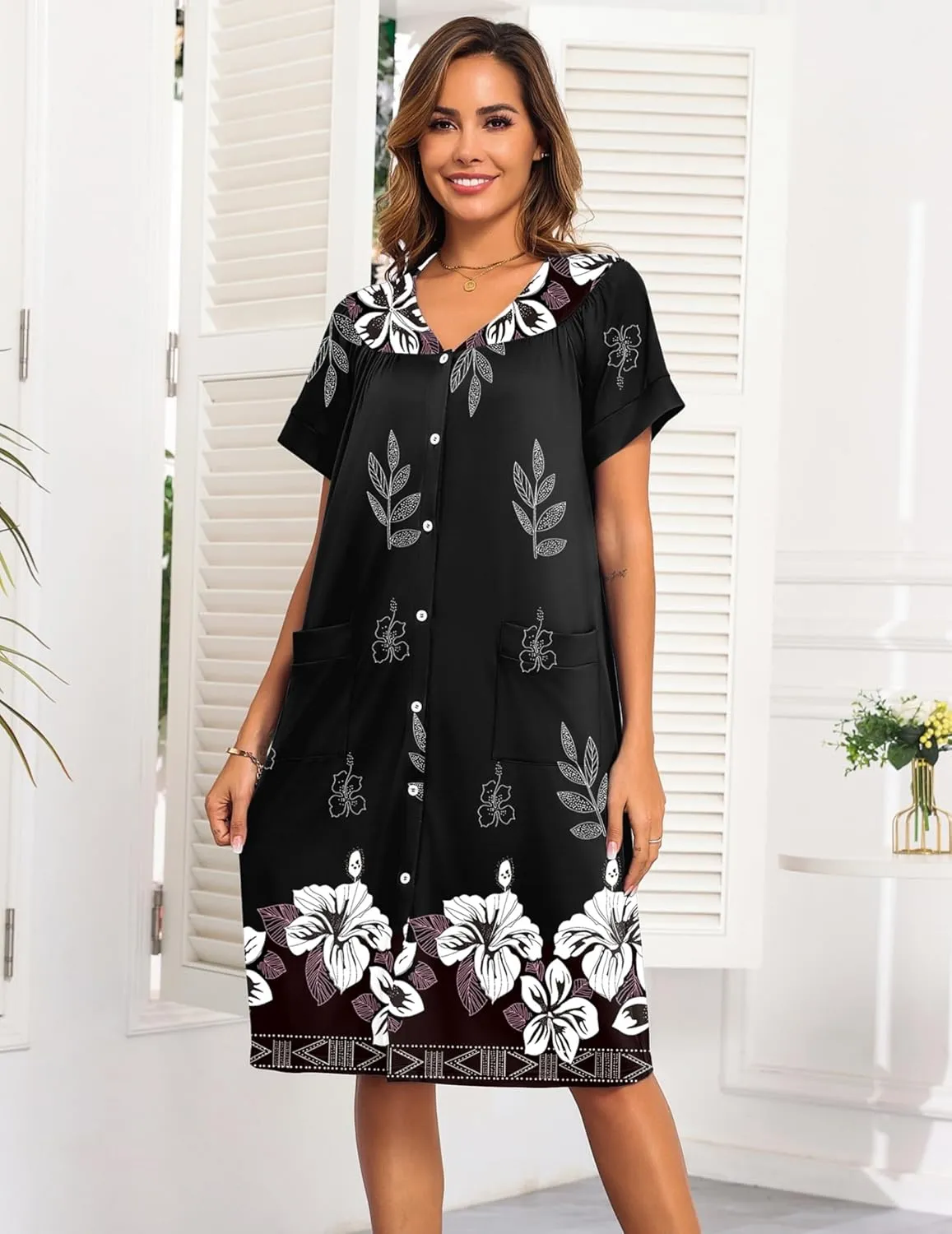 Ekouaer House Dresses for Women with Pockets Button Down Nightgowns Plus Size Moo Moos Mumu Dresses Floral Print S-3XL