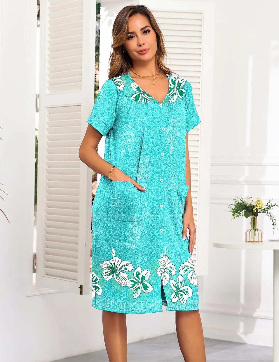 Ekouaer House Dresses for Women with Pockets Button Down Nightgowns Plus Size Moo Moos Mumu Dresses Floral Print S-3XL