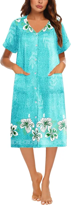 Ekouaer House Dresses for Women with Pockets Button Down Nightgowns Plus Size Moo Moos Mumu Dresses Floral Print S-3XL