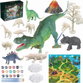 ekuzi Kids Arts Crafts Set Dinosaur Toy Painting Kit - 11 Pcs Dinosaur & Animal Figurines and Play mat,Birthday Christmas Party Favors for Kids Boys Girls Age 4 5 6 7 8 9 10