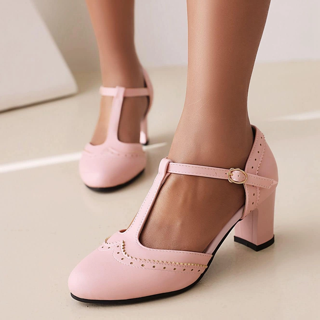 Elbslutt Women's T Strap Mary Janes Wingtip Pumps Mid Chunky Block Heels Rockabilly Retro Vintage Shoes Heeled Sandals