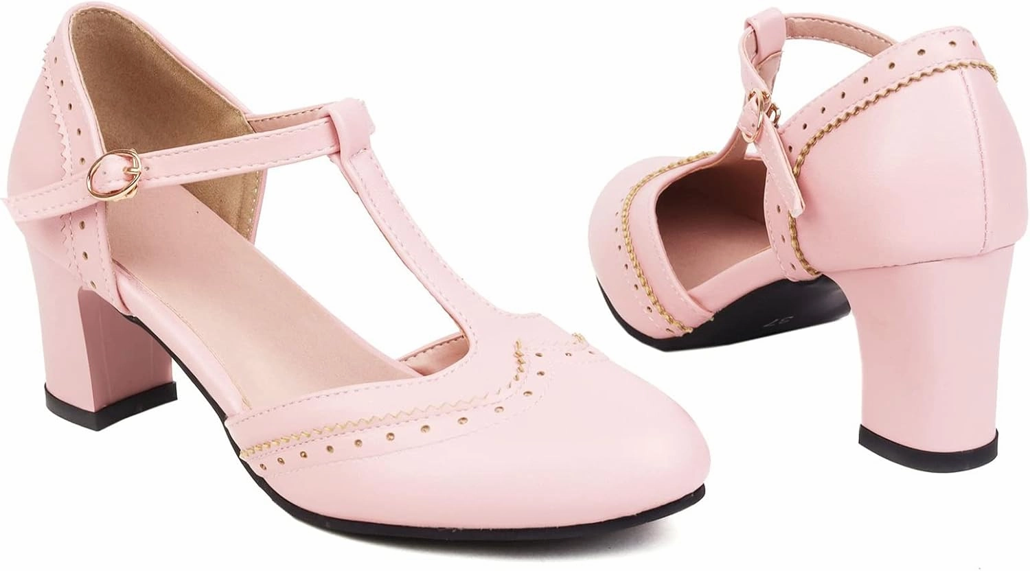 Elbslutt Women's T Strap Mary Janes Wingtip Pumps Mid Chunky Block Heels Rockabilly Retro Vintage Shoes Heeled Sandals