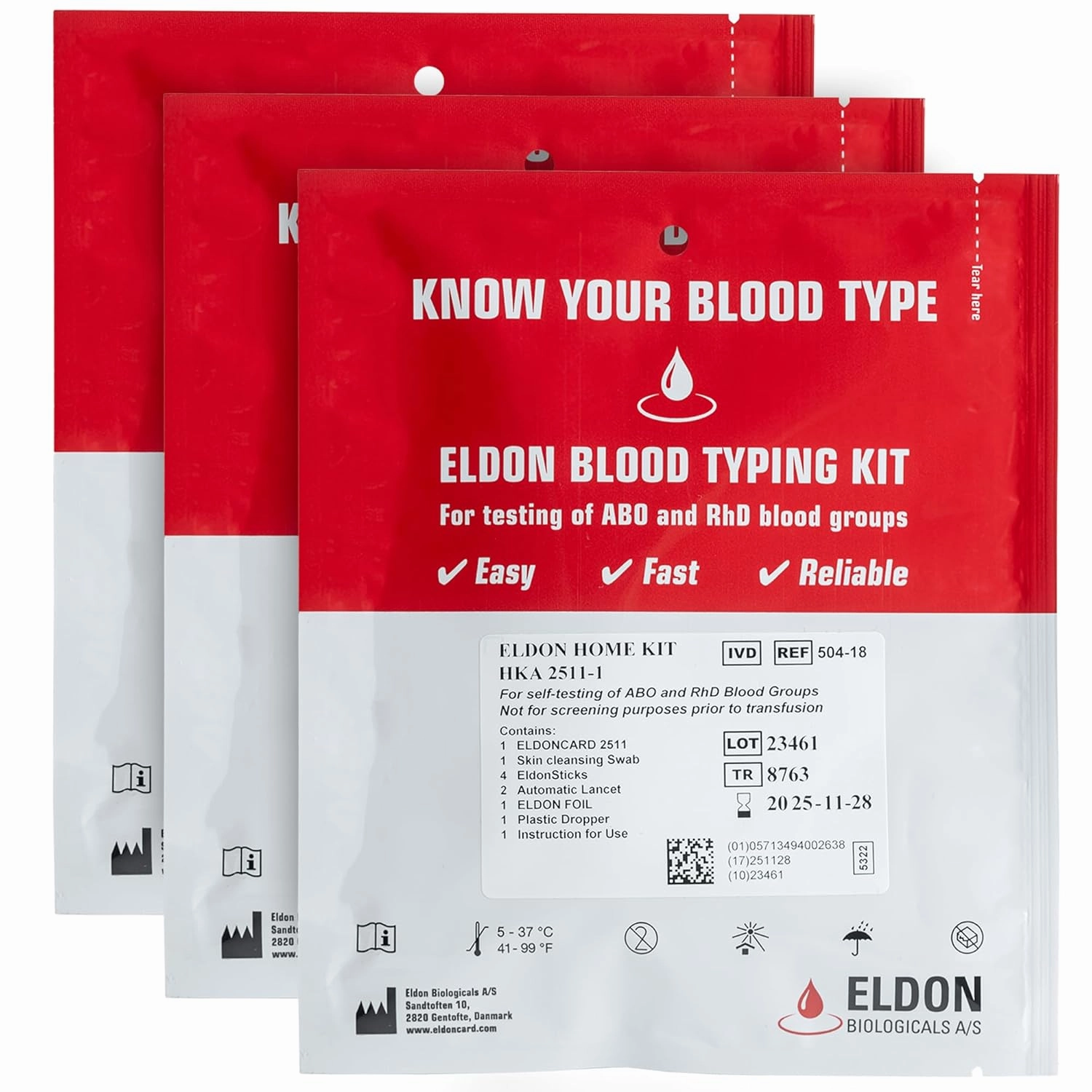 Eldoncard Blood Typing Kit, 3 Test Pack, Know Your Blood Type, Accurate Instant Home Testing, Determine A, O, B, RHS-D Negative & Positive Groups
