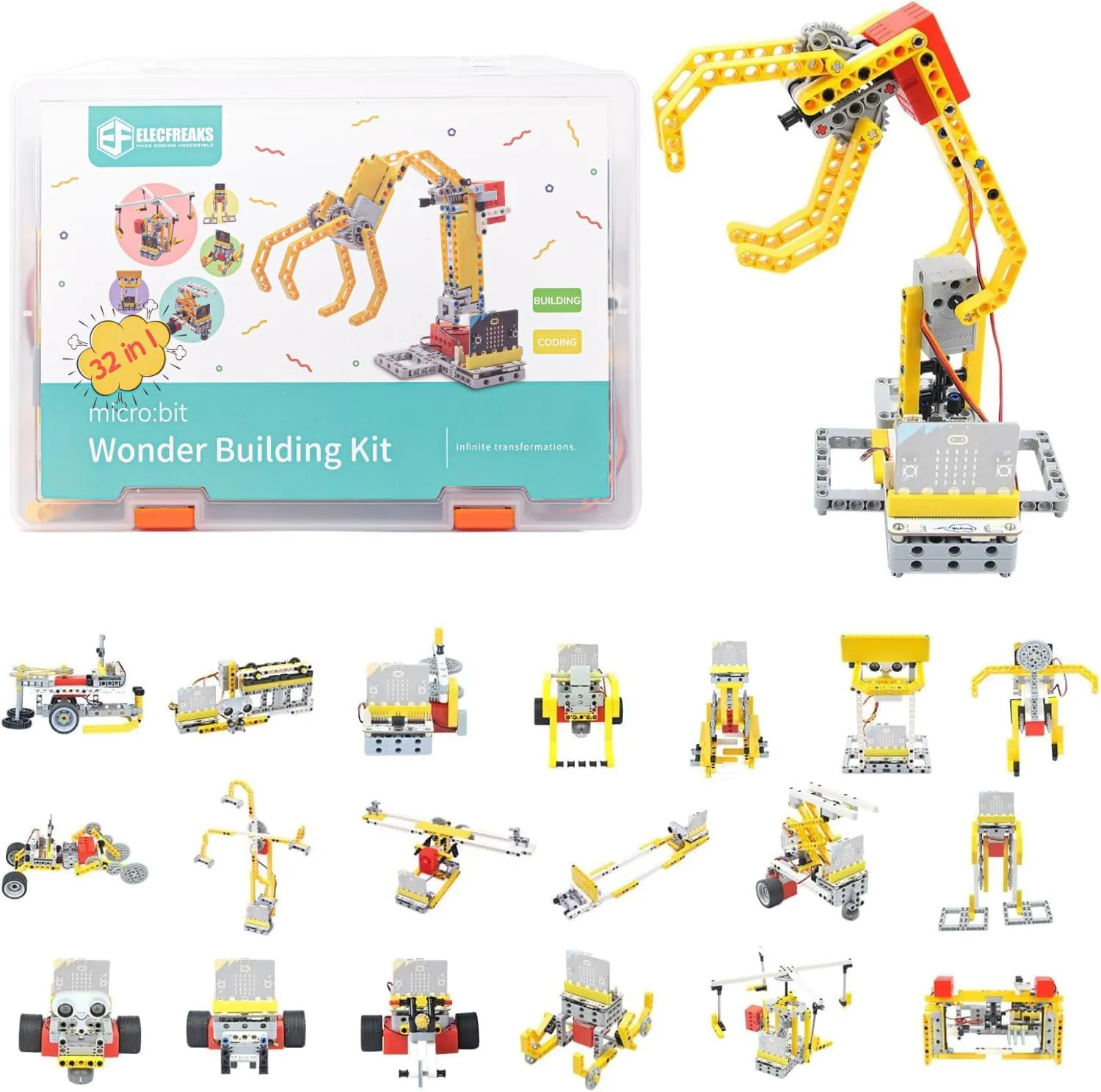 ELECFREAKS microbit 32 in 1 Wonder Building Bricks Coding Kit, Programmable STEM Educational Learning Kit with Sensors/Wukong Expansion Board(Without Micro:bit)