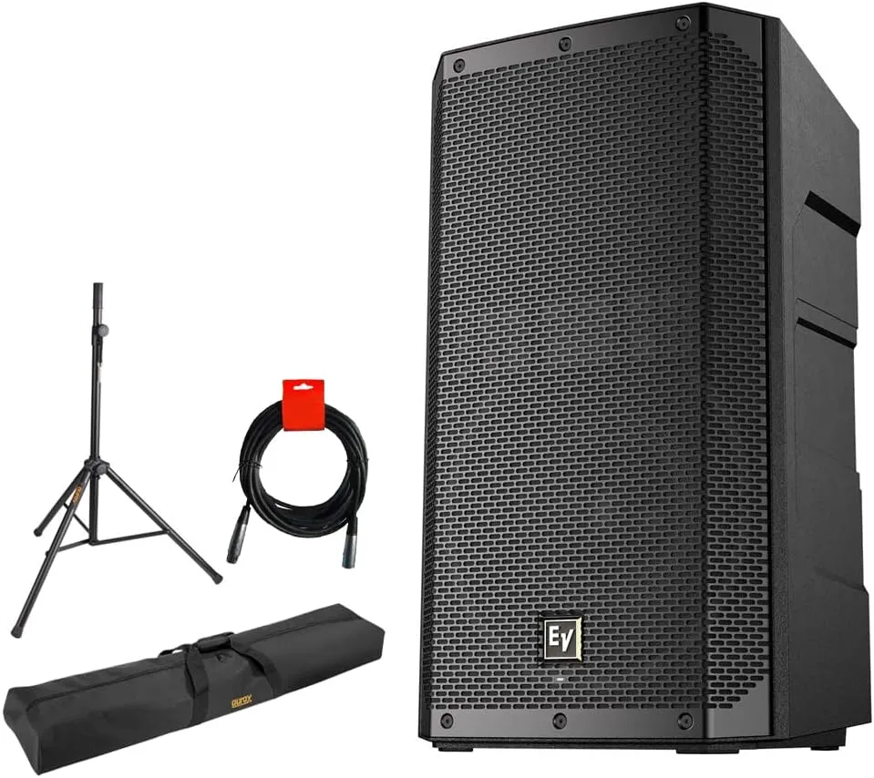 Electro-Voice ELX200-12P 12" 1200W 2-Way Powered Loudspeaker Bundle with Auray 51" Speaker Stand Bag, Steel Speaker Stand and XLR-XLR Cable