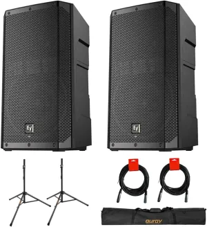 Electro-Voice ELX200-12P 12" 1200W 2-Way Powered Loudspeaker (Pair) Bundle with Auray SS-47S-PB Steel Speaker Stands with Carrying Case and 2X XLR-XLR Cables