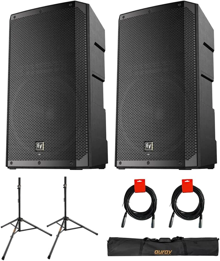 Electro-Voice ELX200-15P 15" 1200W 2-Way Powered Loudspeaker (Pair) Bundle with Auray SS-47S-PB Steel Speaker Stands with Carrying Case and 2X XLR-XLR Cables