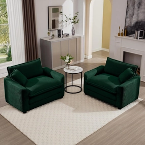 Elegant Deep Seated Sofa Set with Two Single Chairs, Stylish Green Fabric for Comfort and Use in Bedroom or Office