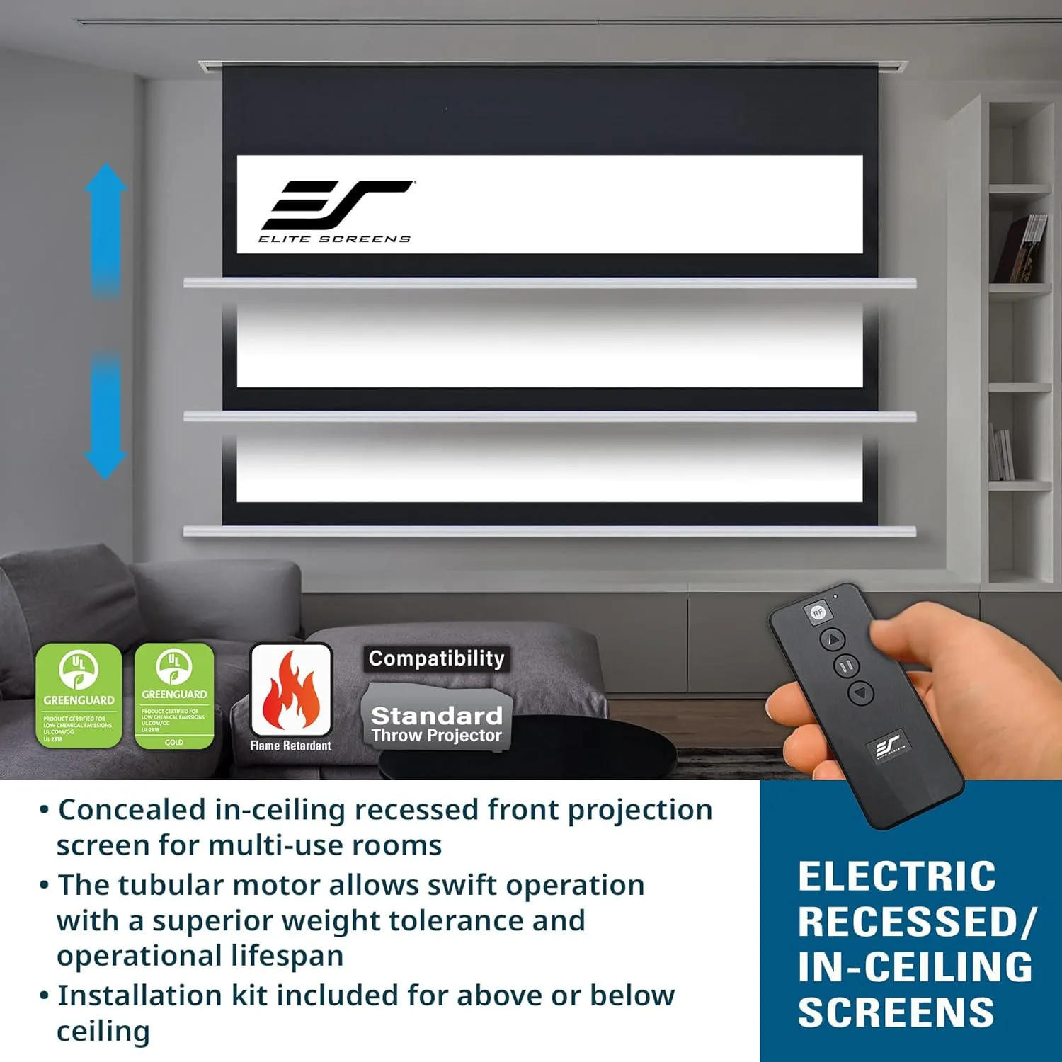 Elite Screens Evanesce B Swift-RC1,120-INCH 16:9 Extra 8" Drop, Recessed in-Ceiling Electric Projector Screen, 8k/4K Ultra HD Ready Fiberglass Reinforced Projection, EB120HW3-E8