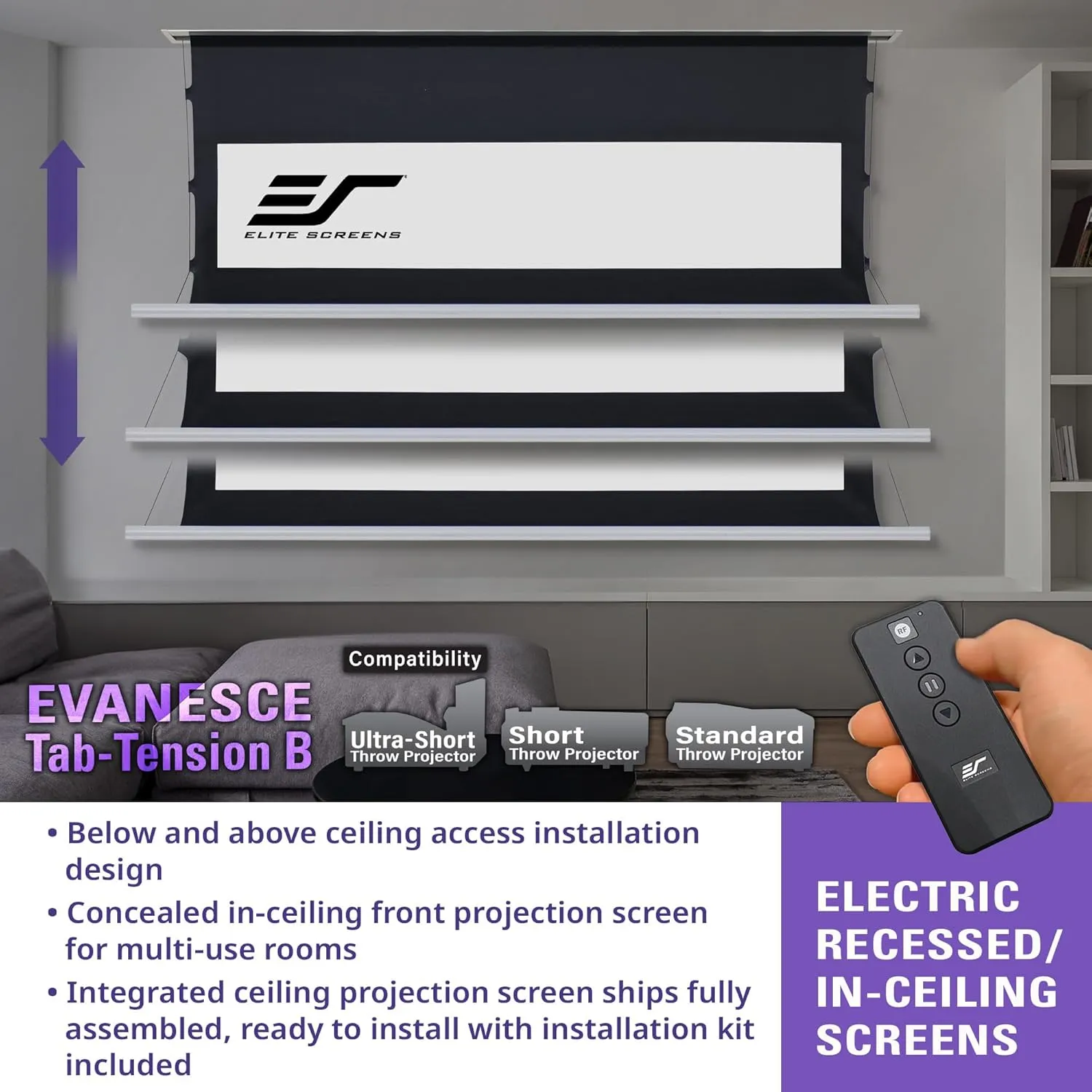 Elite Screens Evanesce Tab-Tension B, 110-inch 16:9, 4K / 8K HD, Recessed in-Ceiling Electric Tab Tensioned Projector Screen, Matte White Projection Screen Surface Programmed Remote Kit, ETB110HW3-E8