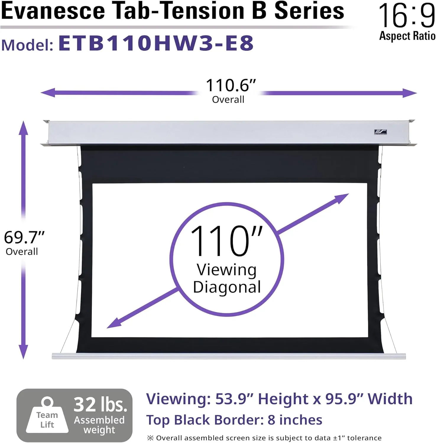 Elite Screens Evanesce Tab-Tension B, 110-inch 16:9, 4K / 8K HD, Recessed in-Ceiling Electric Tab Tensioned Projector Screen, Matte White Projection Screen Surface Programmed Remote Kit, ETB110HW3-E8