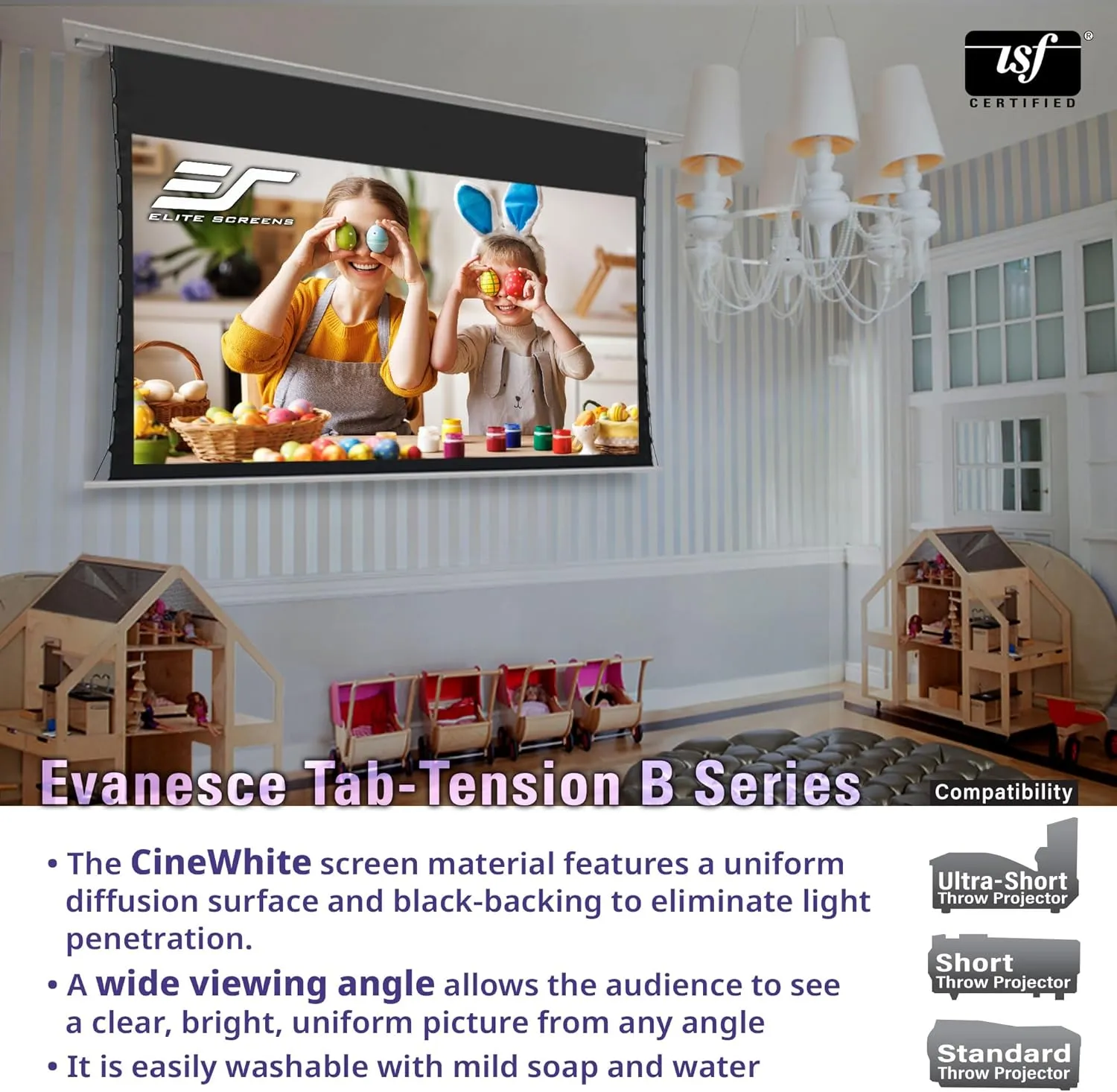 Elite Screens Evanesce Tab-Tension B, 110-inch 16:9, 4K / 8K HD, Recessed in-Ceiling Electric Tab Tensioned Projector Screen, Matte White Projection Screen Surface Programmed Remote Kit, ETB110HW3-E8