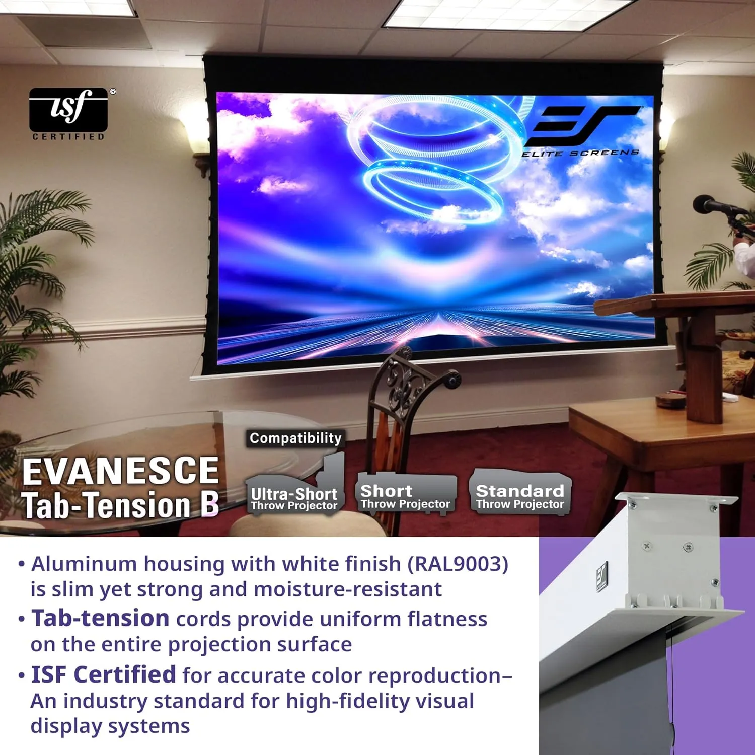 Elite Screens Evanesce Tab-Tension B, 110-inch 16:9, 4K / 8K HD, Recessed in-Ceiling Electric Tab Tensioned Projector Screen, Matte White Projection Screen Surface Programmed Remote Kit, ETB110HW3-E8