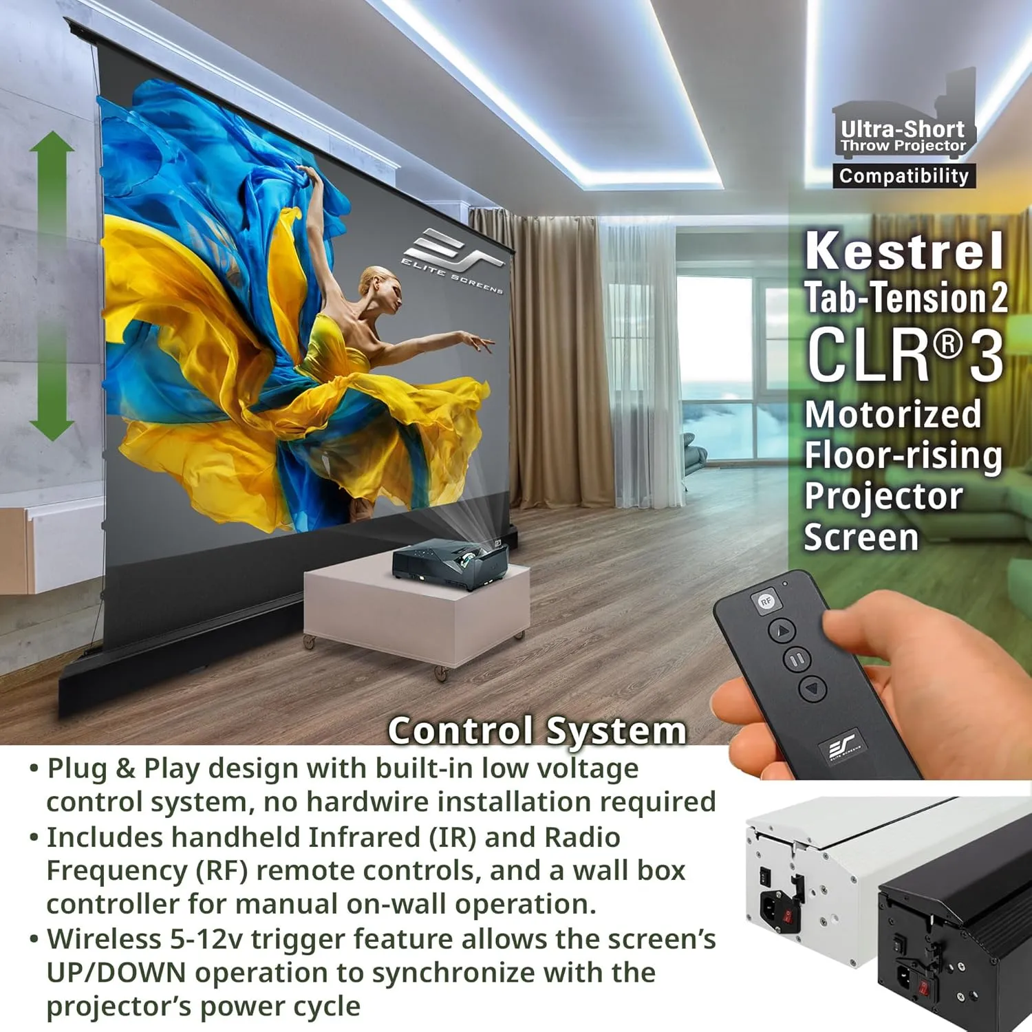 Elite Screens Kestrel Tab-Tension 2 CLR3, 121" 16:9, Ultra-Short Throw Ceiling Ambient Light Rejecting (CLR/ALR) Electric Floor-Rising Motorized Front Projector Screen, Black Casing, FTE121UH3-CLR3