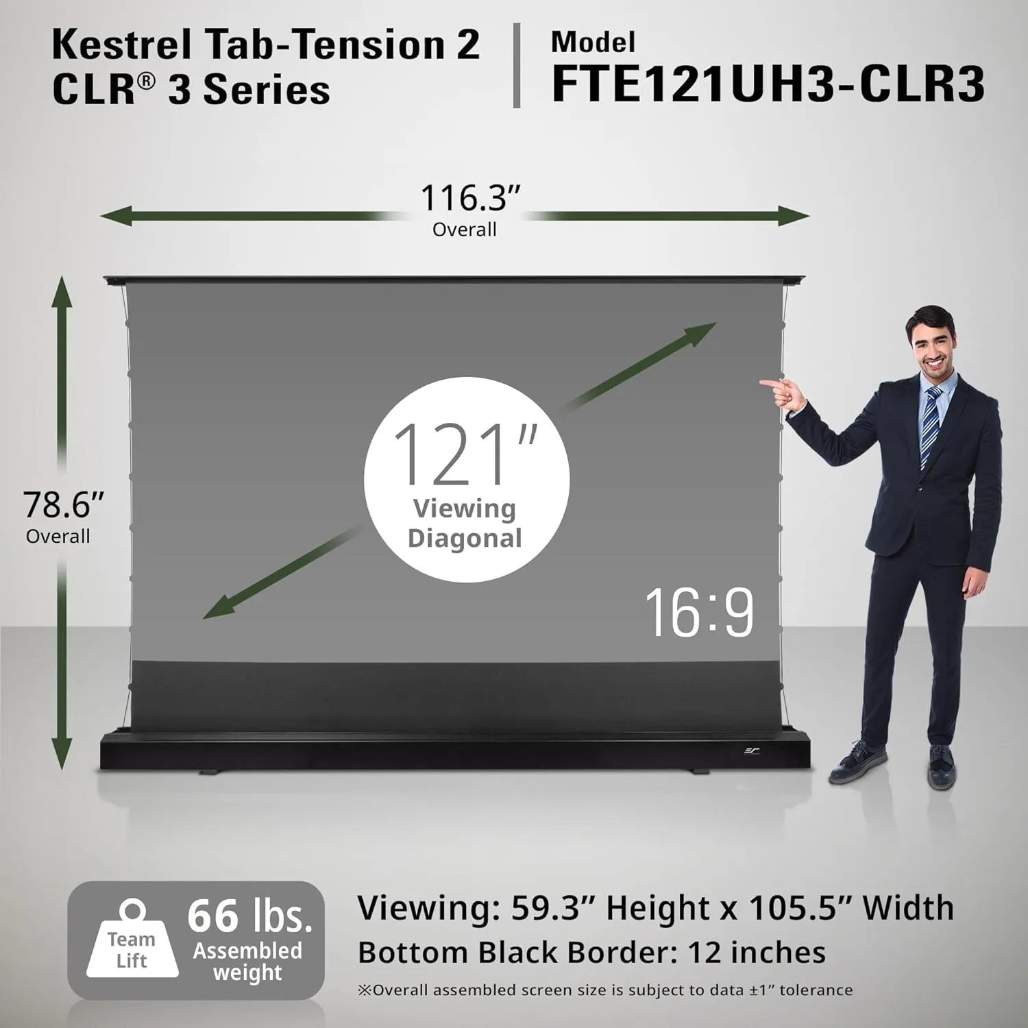 Elite Screens Kestrel Tab-Tension 2 CLR3, 121" 16:9, Ultra-Short Throw Ceiling Ambient Light Rejecting (CLR/ALR) Electric Floor-Rising Motorized Front Projector Screen, Black Casing, FTE121UH3-CLR3