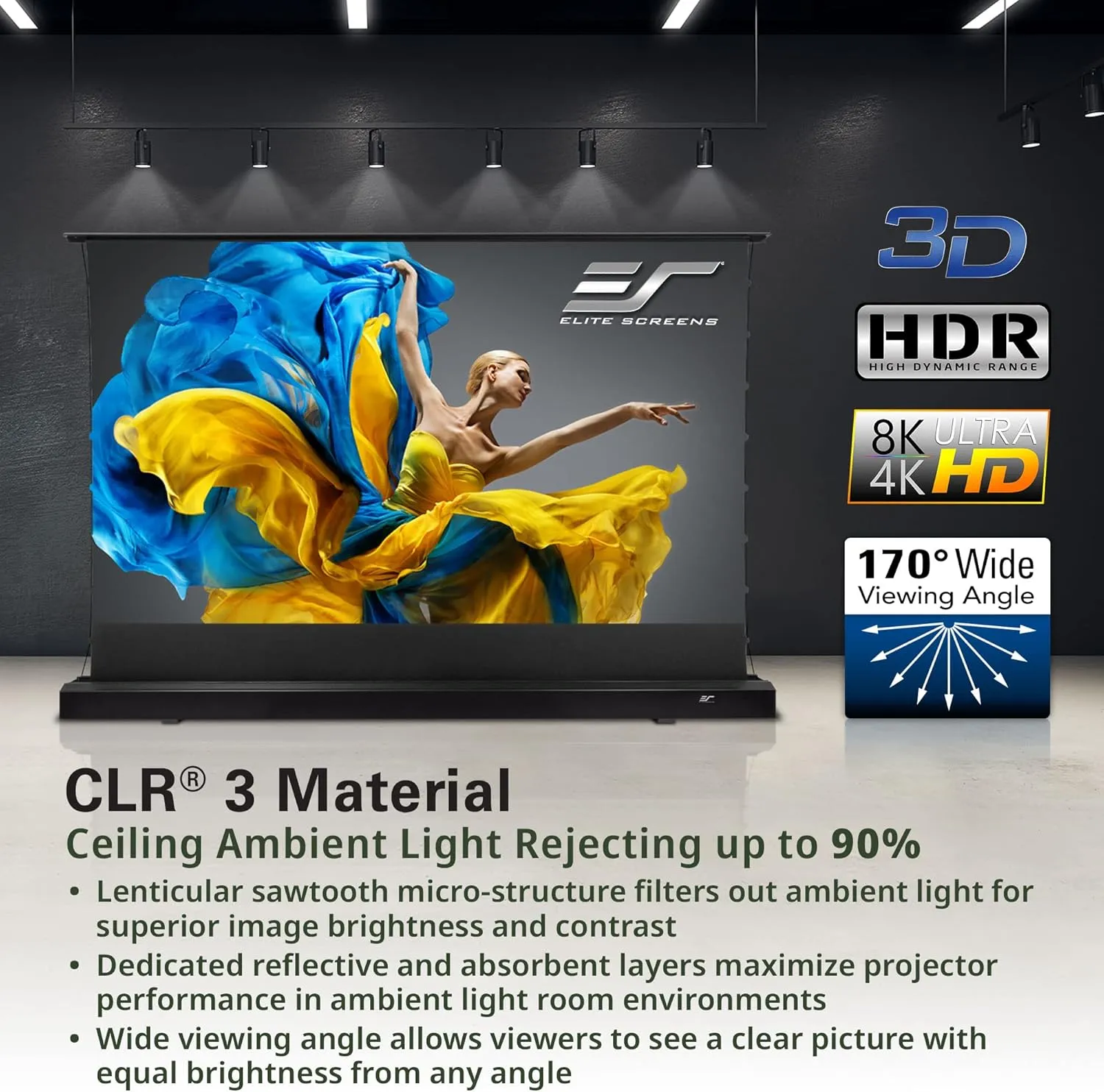 Elite Screens Kestrel Tab-Tension 2 CLR3, 121" 16:9, Ultra-Short Throw Ceiling Ambient Light Rejecting (CLR/ALR) Electric Floor-Rising Motorized Front Projector Screen, Black Casing, FTE121UH3-CLR3