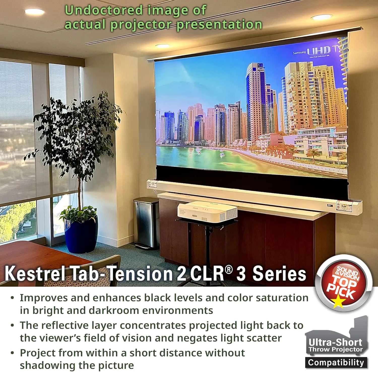 Elite Screens Kestrel Tab-Tension 2 CLR3, 121" 16:9, Ultra-Short Throw Ceiling Ambient Light Rejecting (CLR/ALR) Electric Floor-Rising Motorized Front Projector Screen, White Casing, FTE121XH3-CLR3