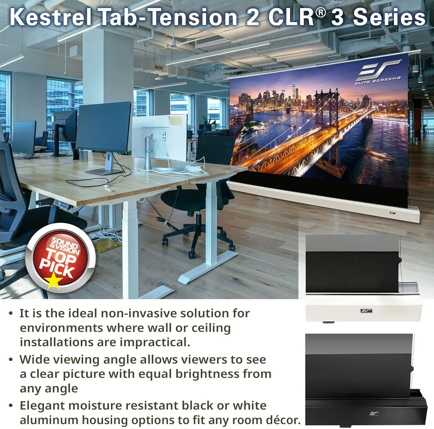 Elite Screens Kestrel Tab-Tension 2 CLR3, 121" 16:9, Ultra-Short Throw Ceiling Ambient Light Rejecting (CLR/ALR) Electric Floor-Rising Motorized Front Projector Screen, White Casing, FTE121XH3-CLR3