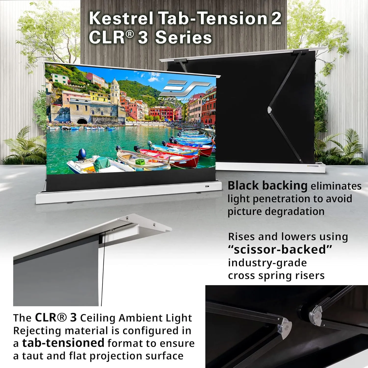 Elite Screens Kestrel Tab-Tension 2 CLR3, 121" 16:9, Ultra-Short Throw Ceiling Ambient Light Rejecting (CLR/ALR) Electric Floor-Rising Motorized Front Projector Screen, White Casing, FTE121XH3-CLR3