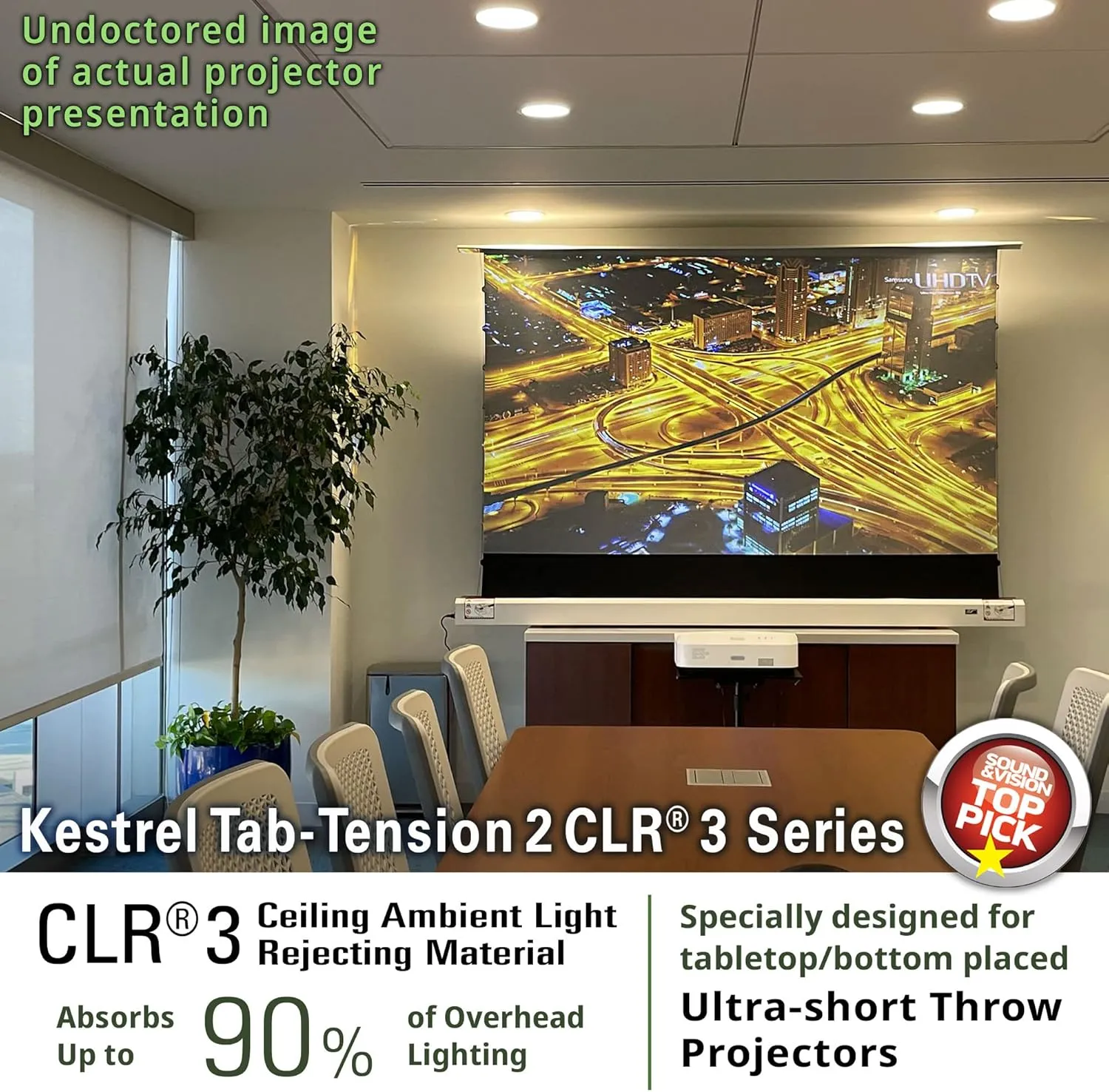 Elite Screens Kestrel Tab-Tension 2 CLR3, 121" 16:9, Ultra-Short Throw Ceiling Ambient Light Rejecting (CLR/ALR) Electric Floor-Rising Motorized Front Projector Screen, White Casing, FTE121XH3-CLR3