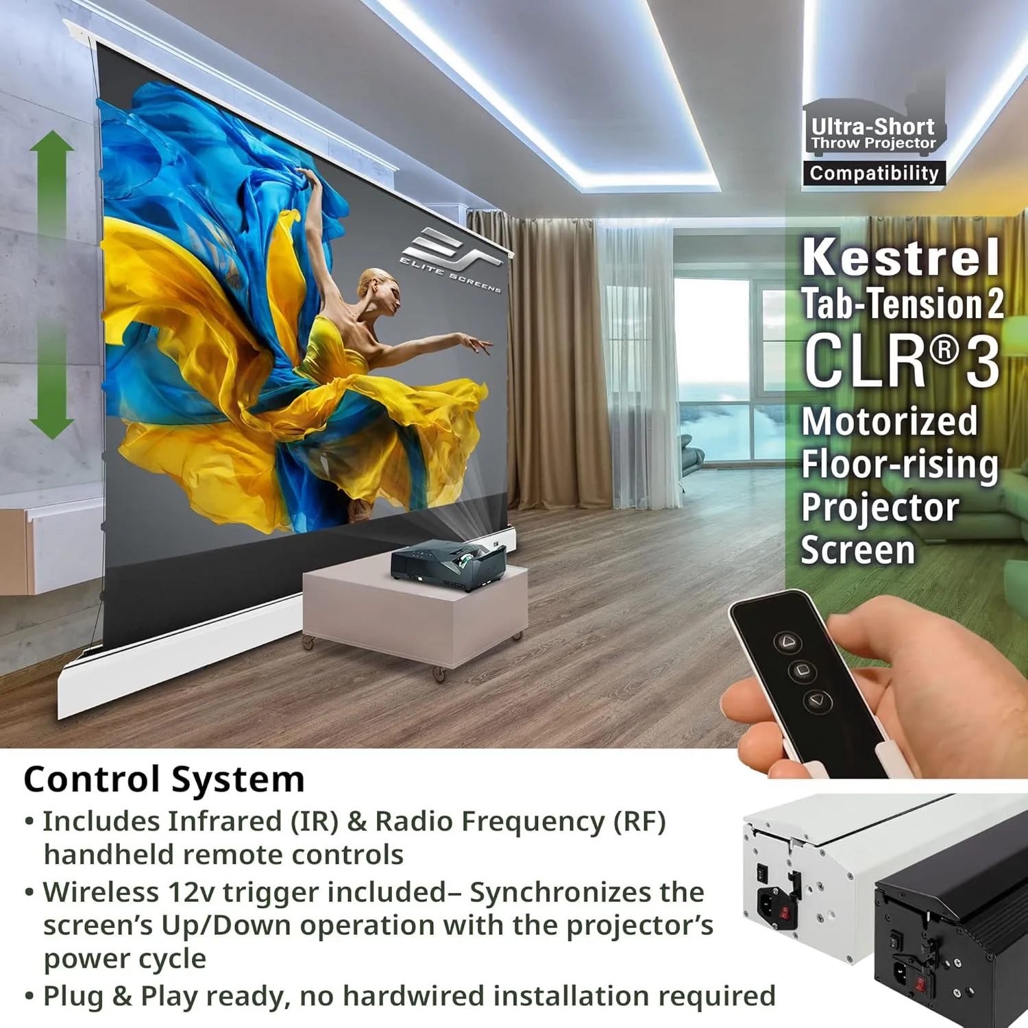 Elite Screens Kestrel Tab-Tension 2 CLR3, 121" 16:9, Ultra-Short Throw Ceiling Ambient Light Rejecting (CLR/ALR) Electric Floor-Rising Motorized Front Projector Screen, White Casing, FTE121XH3-CLR3