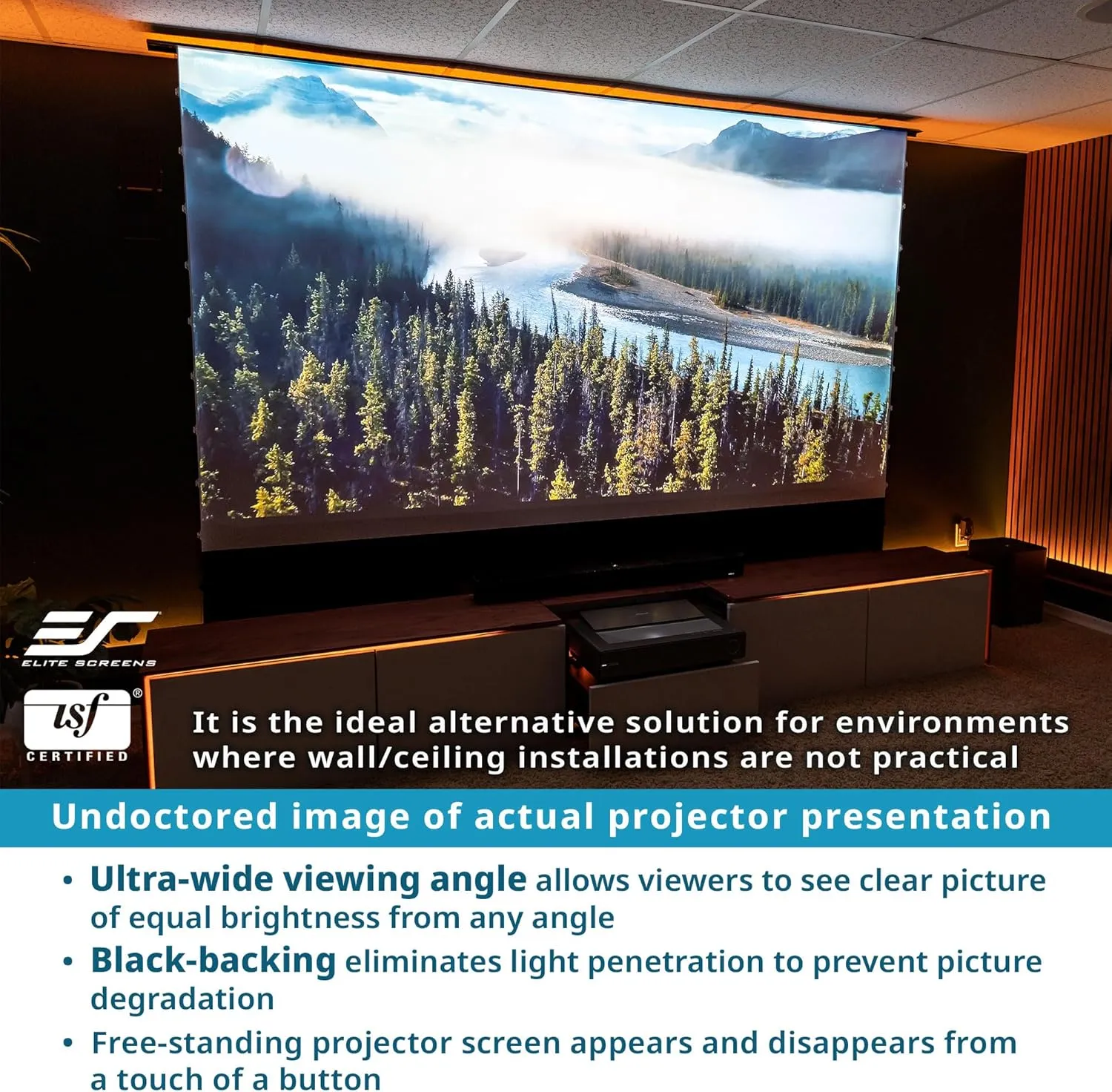 Elite Screens Kestrel Tab-Tension 3 CineWhite, 122 inch 16:9 Aspect Ratio, ISF Certified, Electric Floor-Rising Motorized Tab-Tensioned Front Projector Screen, Programmed Remote Kit, FTE122H3