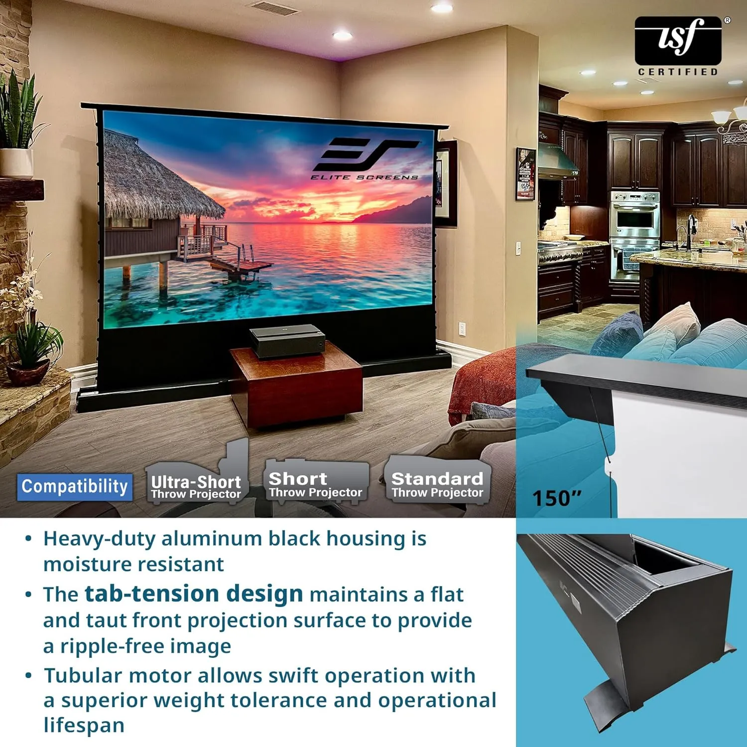 Elite Screens Kestrel Tab-Tension 3 CineWhite, 122 inch 16:9 Aspect Ratio, ISF Certified, Electric Floor-Rising Motorized Tab-Tensioned Front Projector Screen, Programmed Remote Kit, FTE122H3