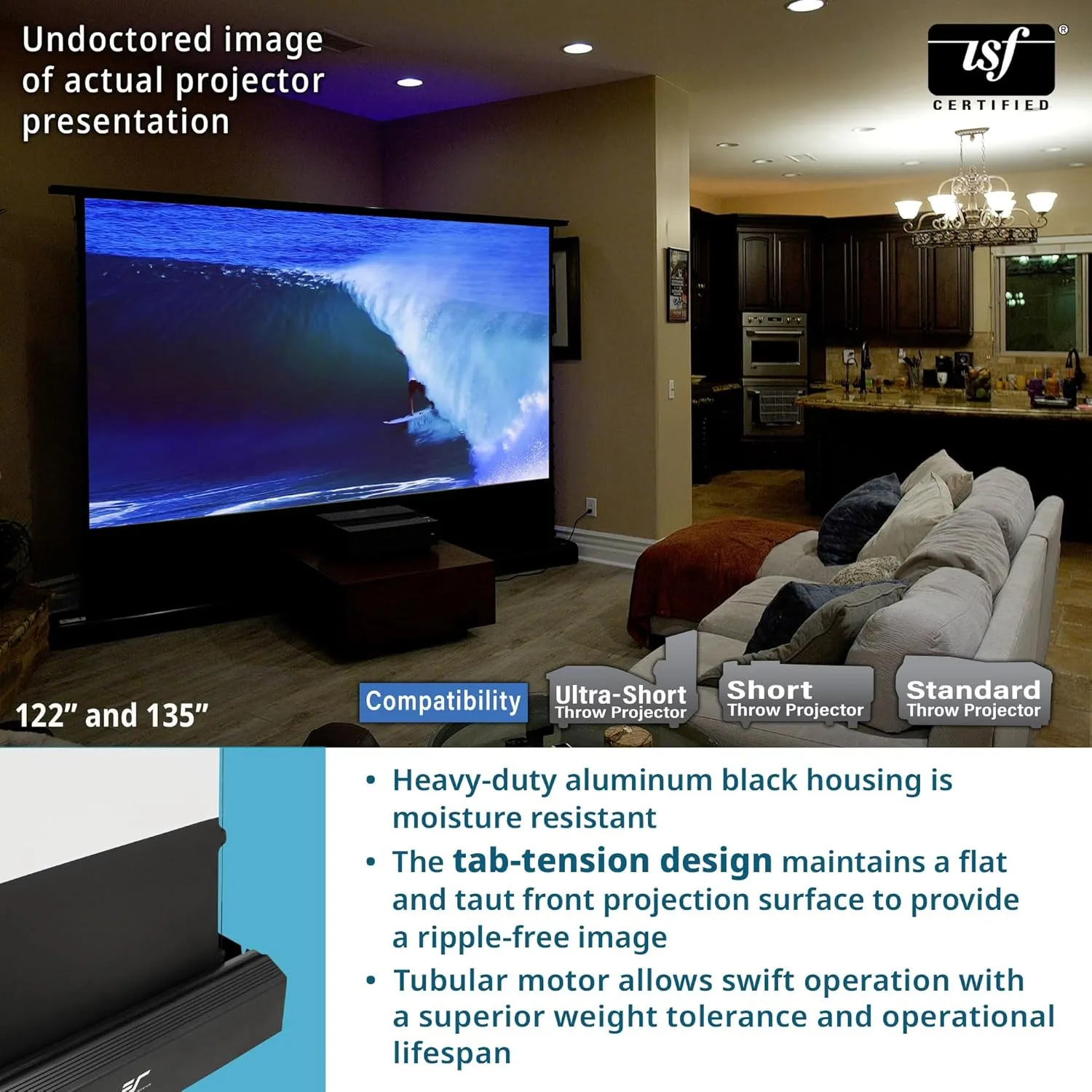 Elite Screens Kestrel Tab-Tension 3 CineWhite, 122 inch 16:9 Aspect Ratio, ISF Certified, Electric Floor-Rising Motorized Tab-Tensioned Front Projector Screen, Programmed Remote Kit, FTE122H3