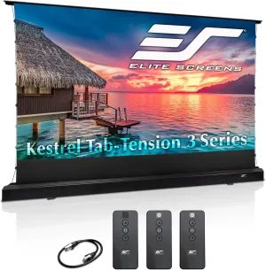 Elite Screens Kestrel Tab-Tension 3 CineWhite, 135 inch 16:9 Aspect Ratio, ISF Certified, Electric Floor-Rising Motorized Tab-Tensioned Front Projector Screen, Programmed Remote Kit, FTE135H3