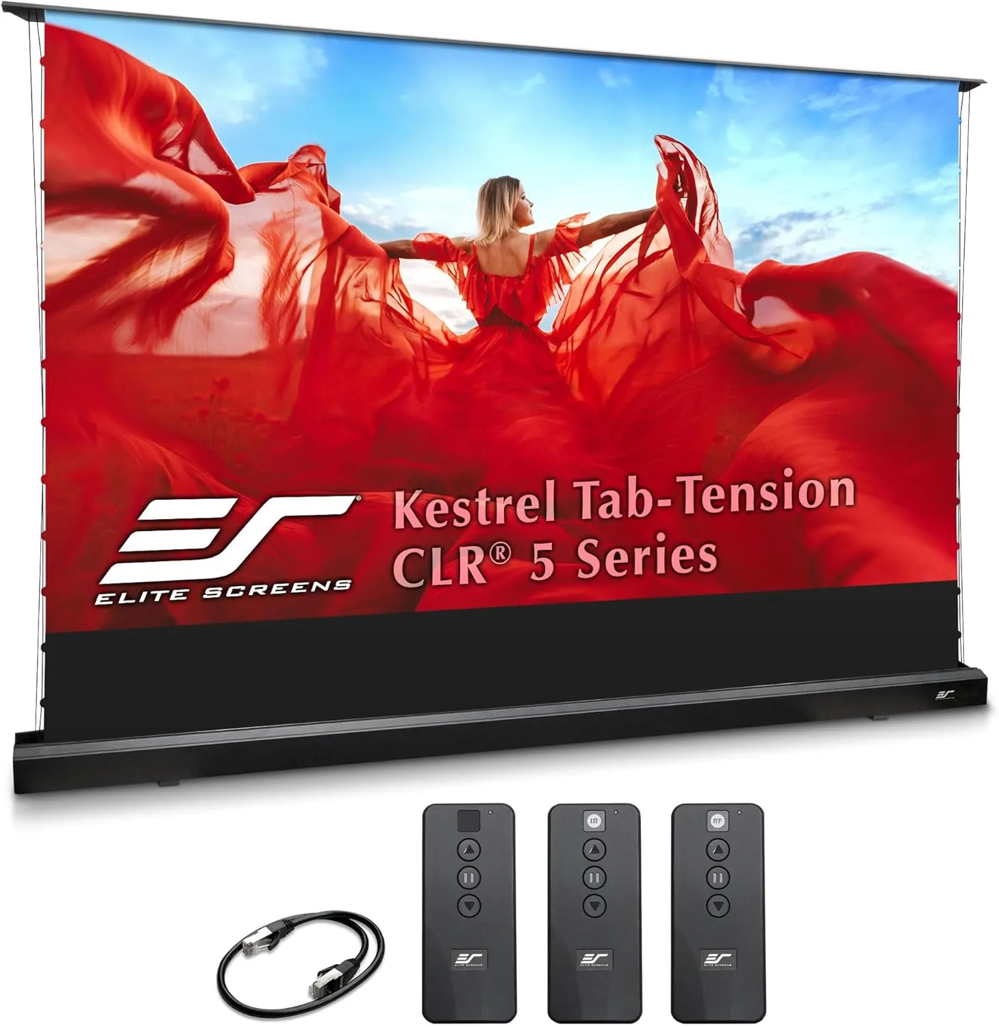 Elite Screens Kestrel Tab-Tension CLR5, 126" Diag. 16:9, Ultra-Short Throw Ceiling Ambient Light Rejecting (CLR®/ALR) Electric Floor-Rising Projector Screen,Black Casing, FTE126H3-CLR5