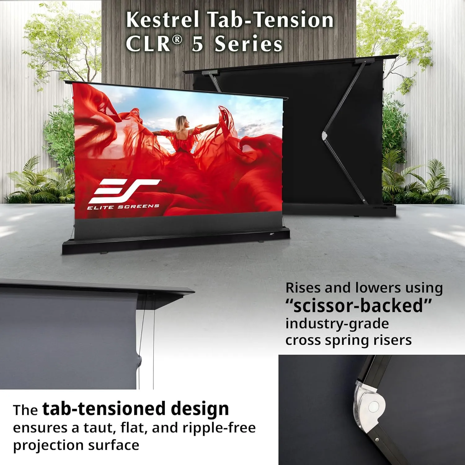 Elite Screens Kestrel Tab-Tension CLR5, 126" Diag. 16:9, Ultra-Short Throw Ceiling Ambient Light Rejecting (CLR®/ALR) Electric Floor-Rising Projector Screen,Black Casing, FTE126H3-CLR5