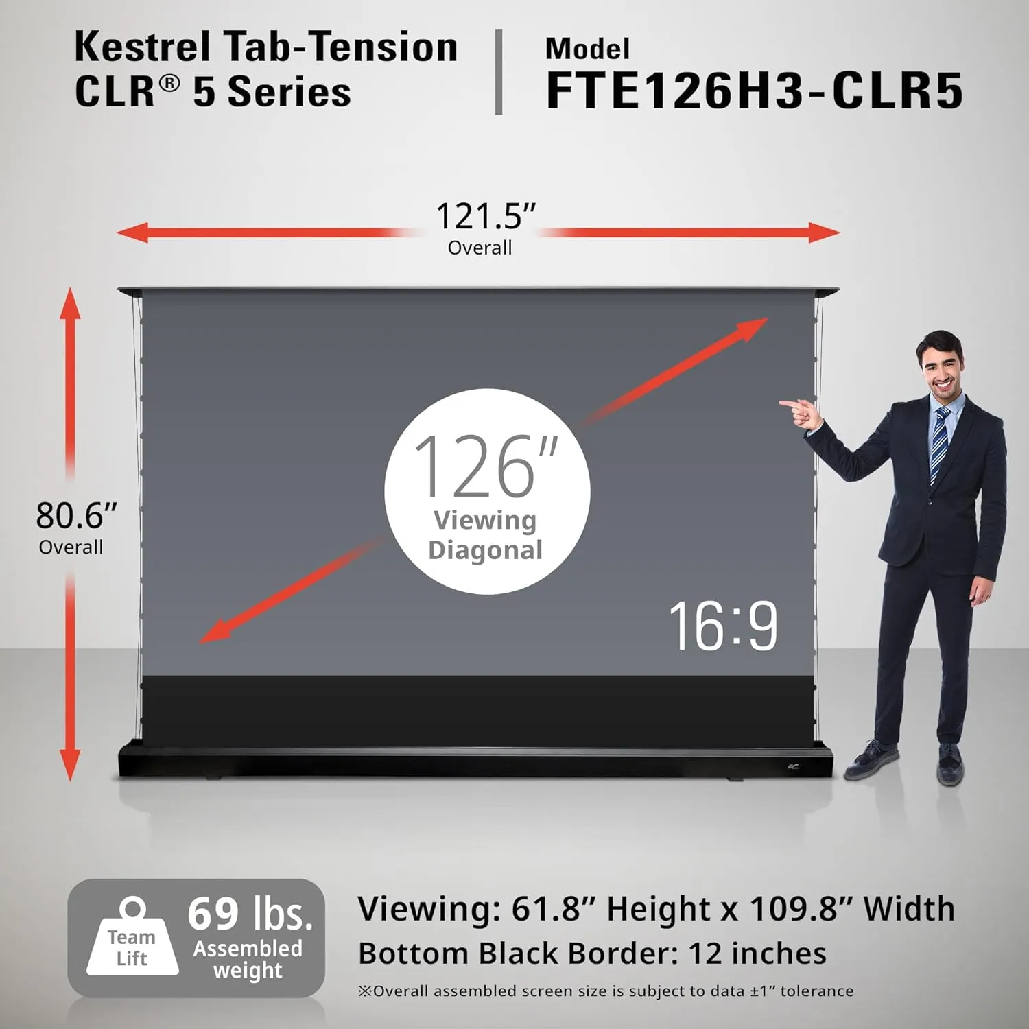 Elite Screens Kestrel Tab-Tension CLR5, 126" Diag. 16:9, Ultra-Short Throw Ceiling Ambient Light Rejecting (CLR®/ALR) Electric Floor-Rising Projector Screen,Black Casing, FTE126H3-CLR5