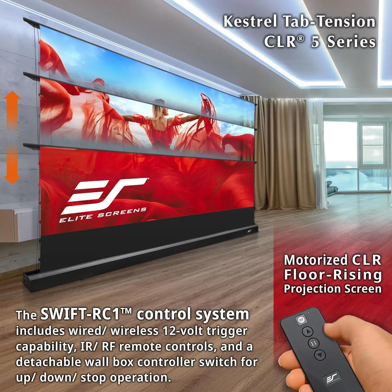 Elite Screens Kestrel Tab-Tension CLR5, 126" Diag. 16:9, Ultra-Short Throw Ceiling Ambient Light Rejecting (CLR®/ALR) Electric Floor-Rising Projector Screen,Black Casing, FTE126H3-CLR5