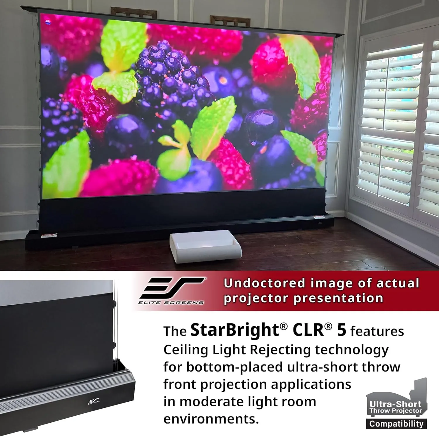 Elite Screens Kestrel Tab-Tension CLR5, 126" Diag. 16:9, Ultra-Short Throw Ceiling Ambient Light Rejecting (CLR®/ALR) Electric Floor-Rising Projector Screen,Black Casing, FTE126H3-CLR5