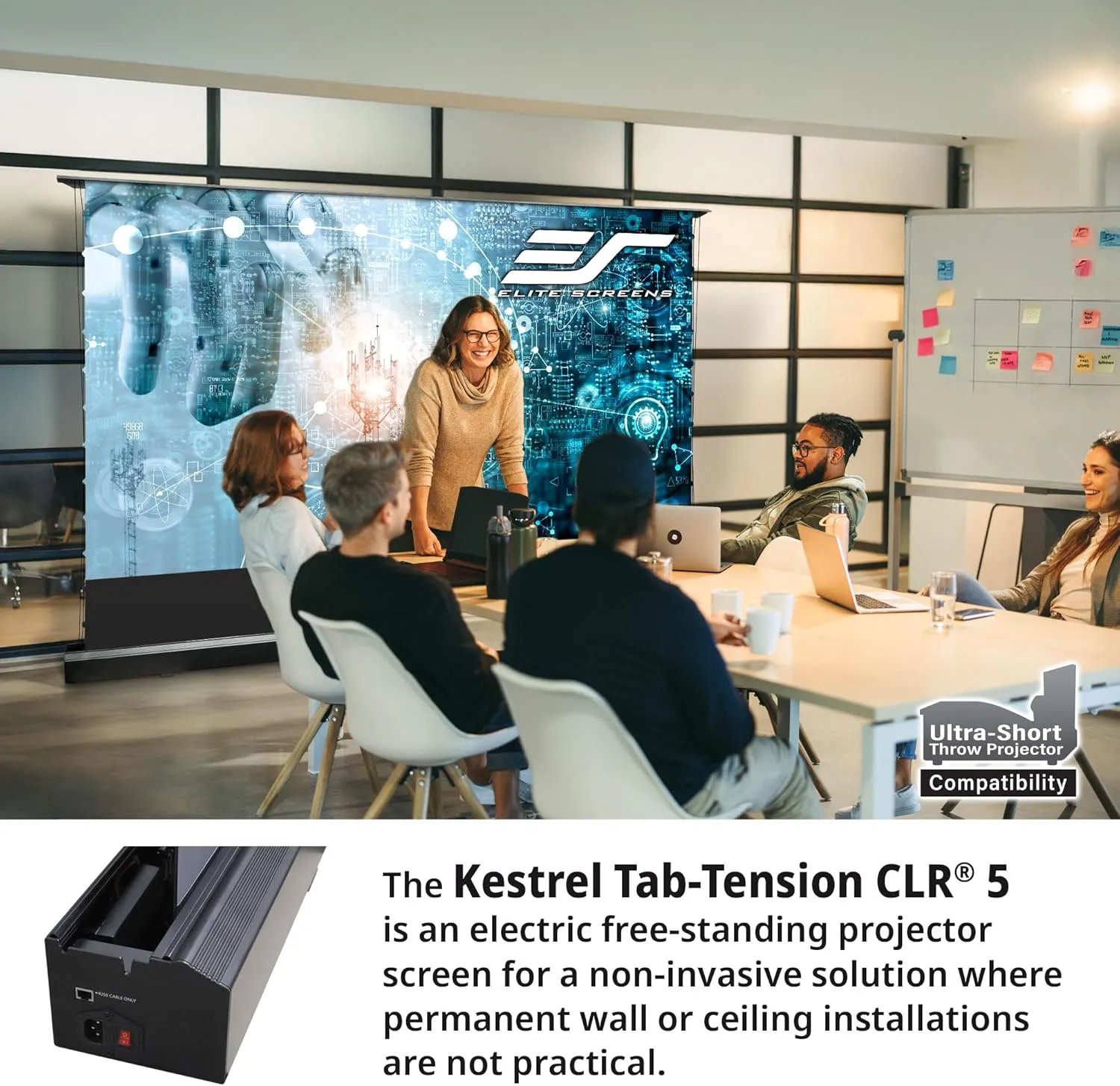 Elite Screens Kestrel Tab-Tension CLR5, 126" Diag. 16:9, Ultra-Short Throw Ceiling Ambient Light Rejecting (CLR®/ALR) Electric Floor-Rising Projector Screen,Black Casing, FTE126H3-CLR5