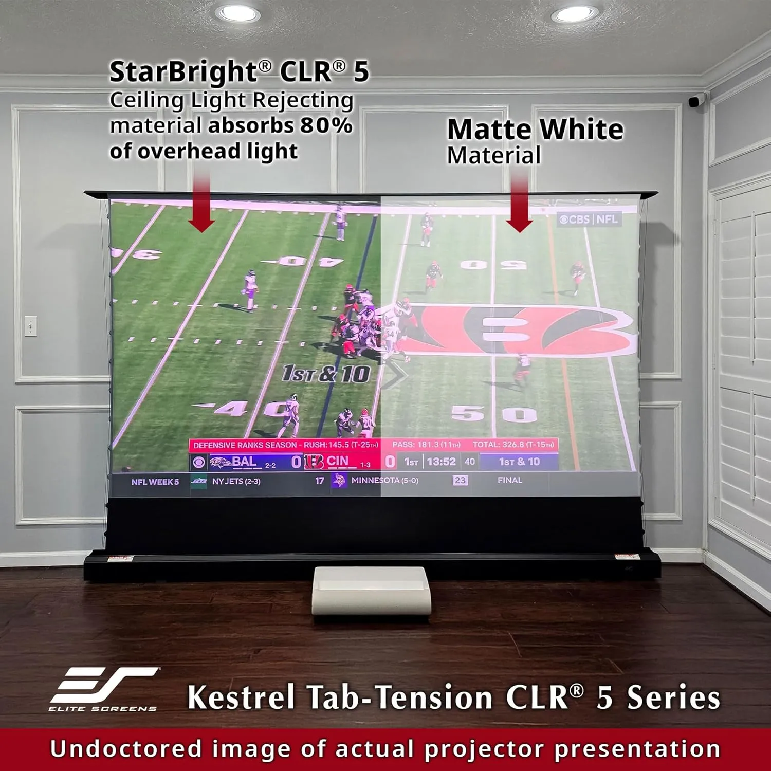 Elite Screens Kestrel Tab-Tension CLR5, 126" Diag. 16:9, Ultra-Short Throw Ceiling Ambient Light Rejecting (CLR®/ALR) Electric Floor-Rising Projector Screen,Black Casing, FTE126H3-CLR5